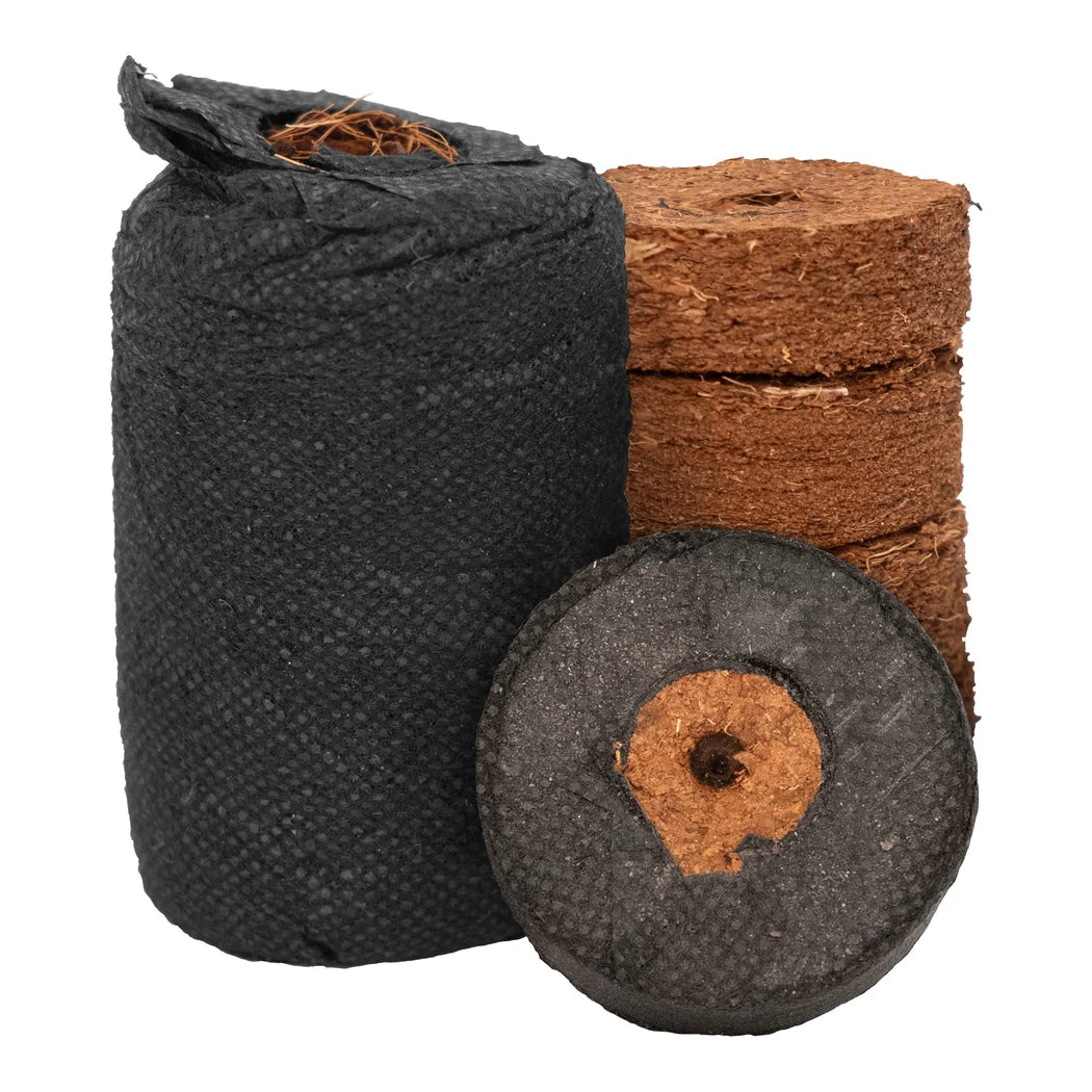 Botanicare CocoPro plug in its wrap beside compressed coco coir discs
