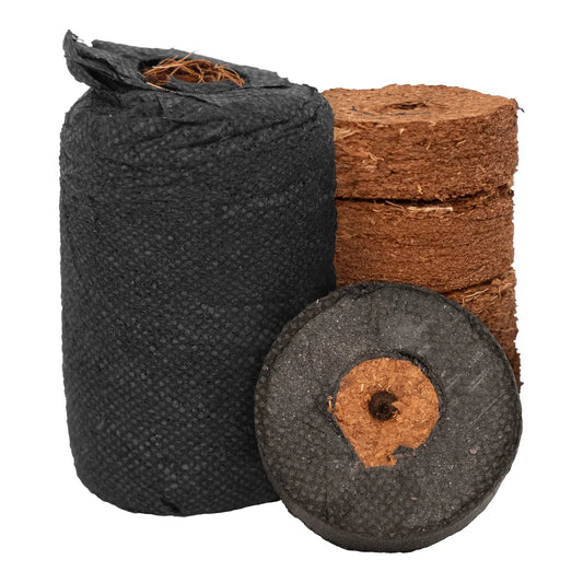 Botanicare CocoPro plug in its wrap beside compressed coco coir discs