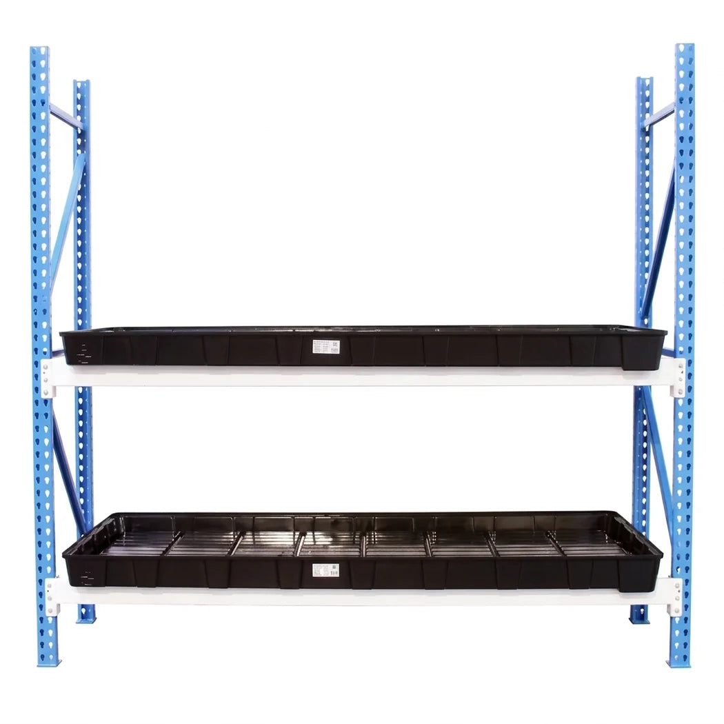 Botanicare pallet rack trays installed on two levels of a warehouse pallet racking system