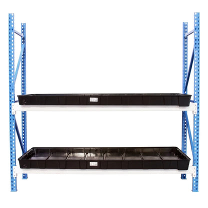 Botanicare pallet rack trays installed on two levels of a warehouse pallet racking system