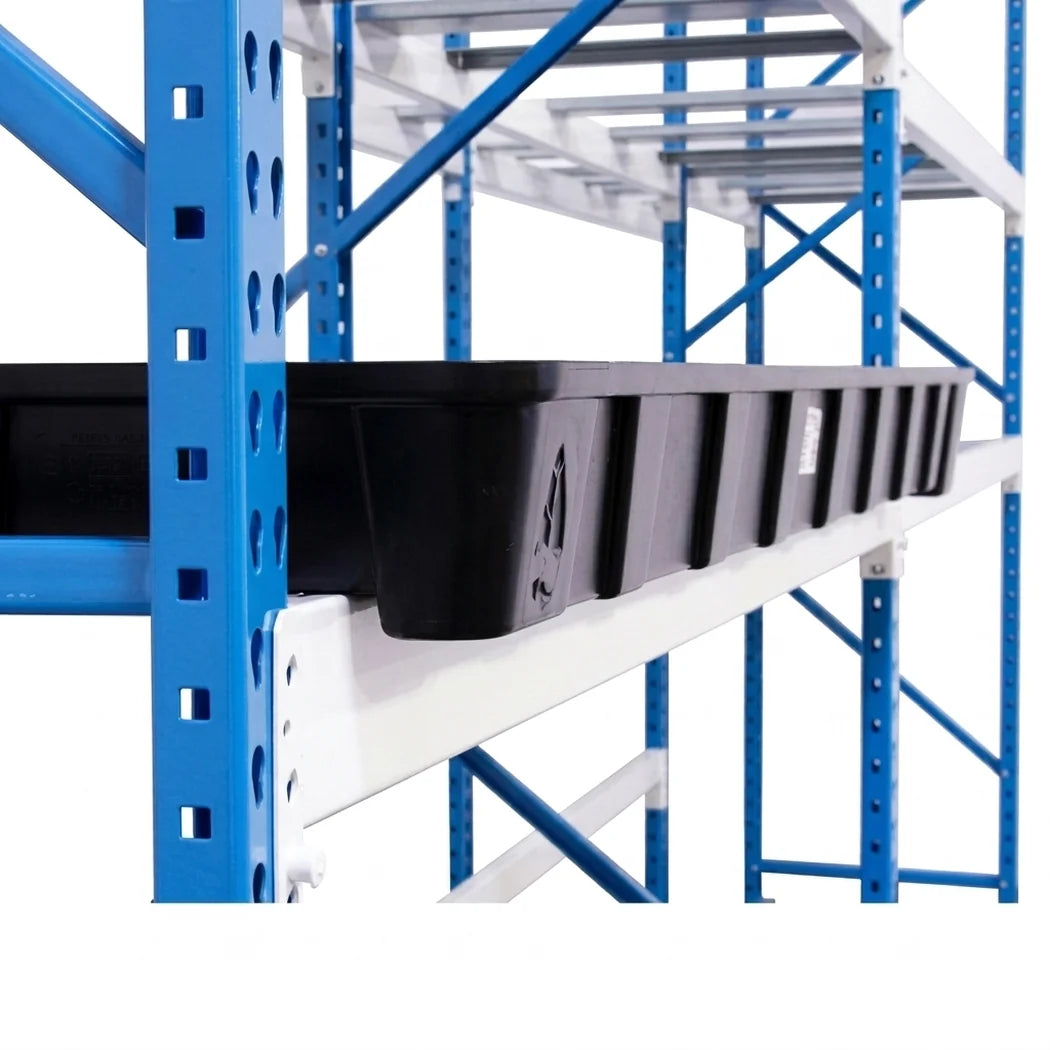 Close-up of a Botanicare pallet rack tray seated on the racking beam