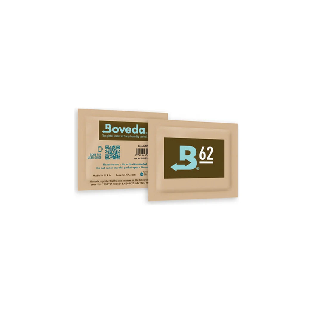 Boveda 62% 8 gram packs, front and back