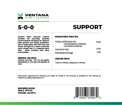 Ventana Plant Science - Support 4-0-0 (Cal-Mag + Secondary Macros) - 2.5-Gallon Back Label