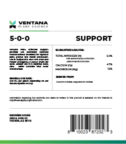 Ventana Plant Science - Support 4-0-0 (Cal-Mag + Secondary Macros) - 1-Gallon Back of Label