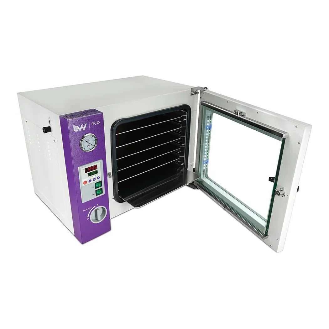 1.9CF ECO Vacuum Oven - 4 Wall Heating, LED display, LED's - 5 Shelves Standard - vacuum oven, door open with shelves