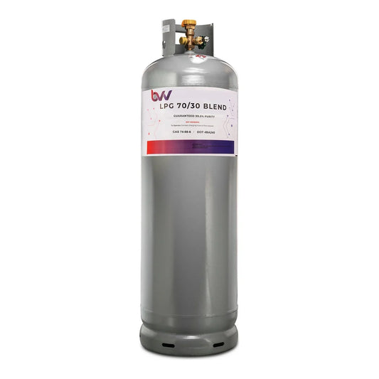 BVV 120 lb diptube tank labelled LPG 70/30 Blend, n-butane and propane