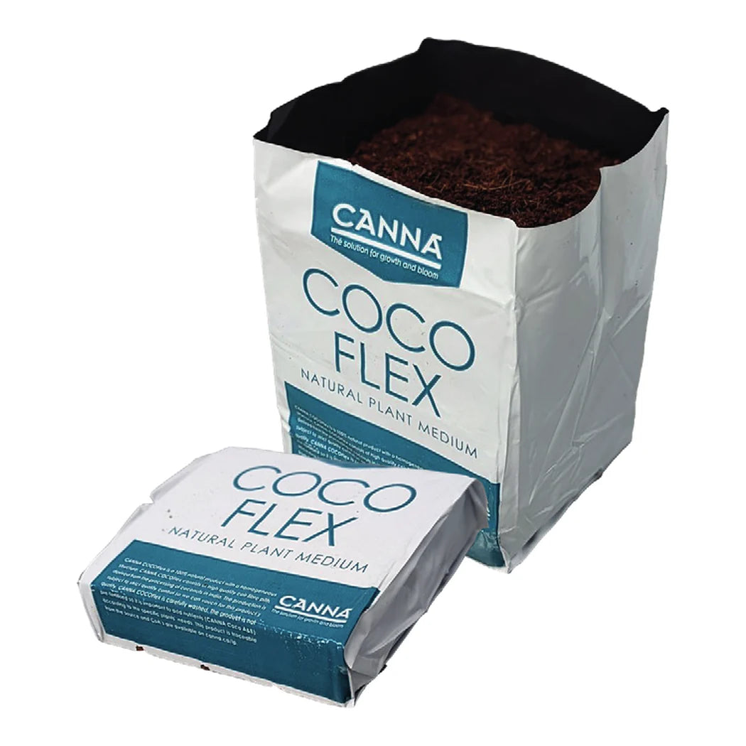 CANNA Coco Flex open-top grow bag shown expanded beside a compressed coco block