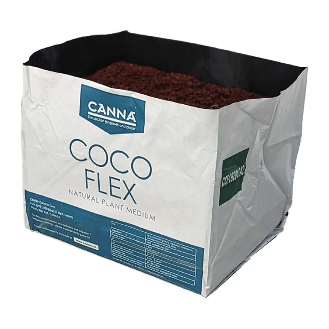 Front of a CANNA Coco Flex grow bag filled with washed coco pith