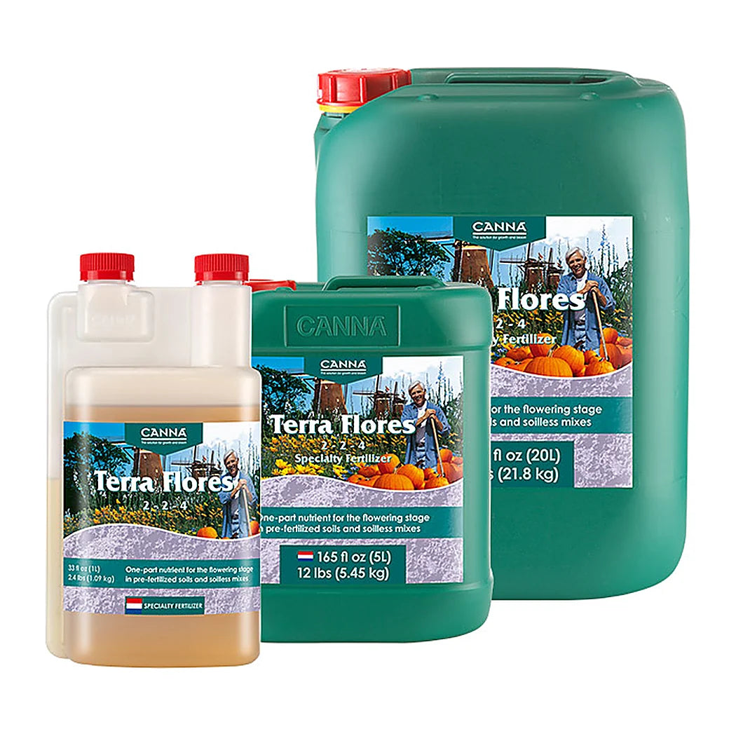 CANNA Terra Flores flowering nutrient shown in 1 L, 5 L and 20 L containers