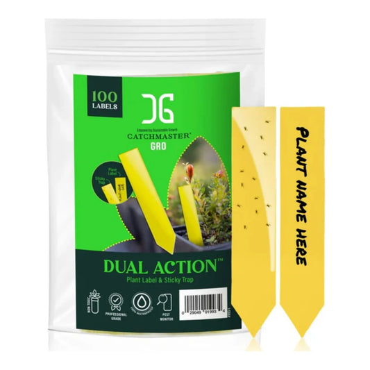 Catchmaster Dual Action plant label sticky trap stakes, sticky side and writable label side, with 100-label bag
