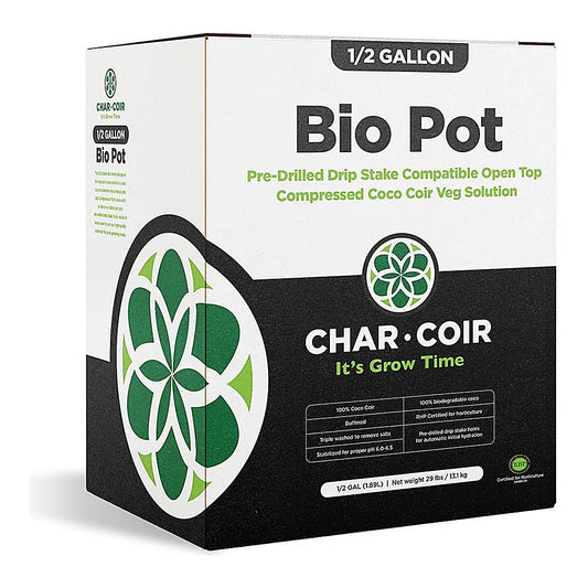 Char Coir BioPot half gallon compressed coco pots, retail box