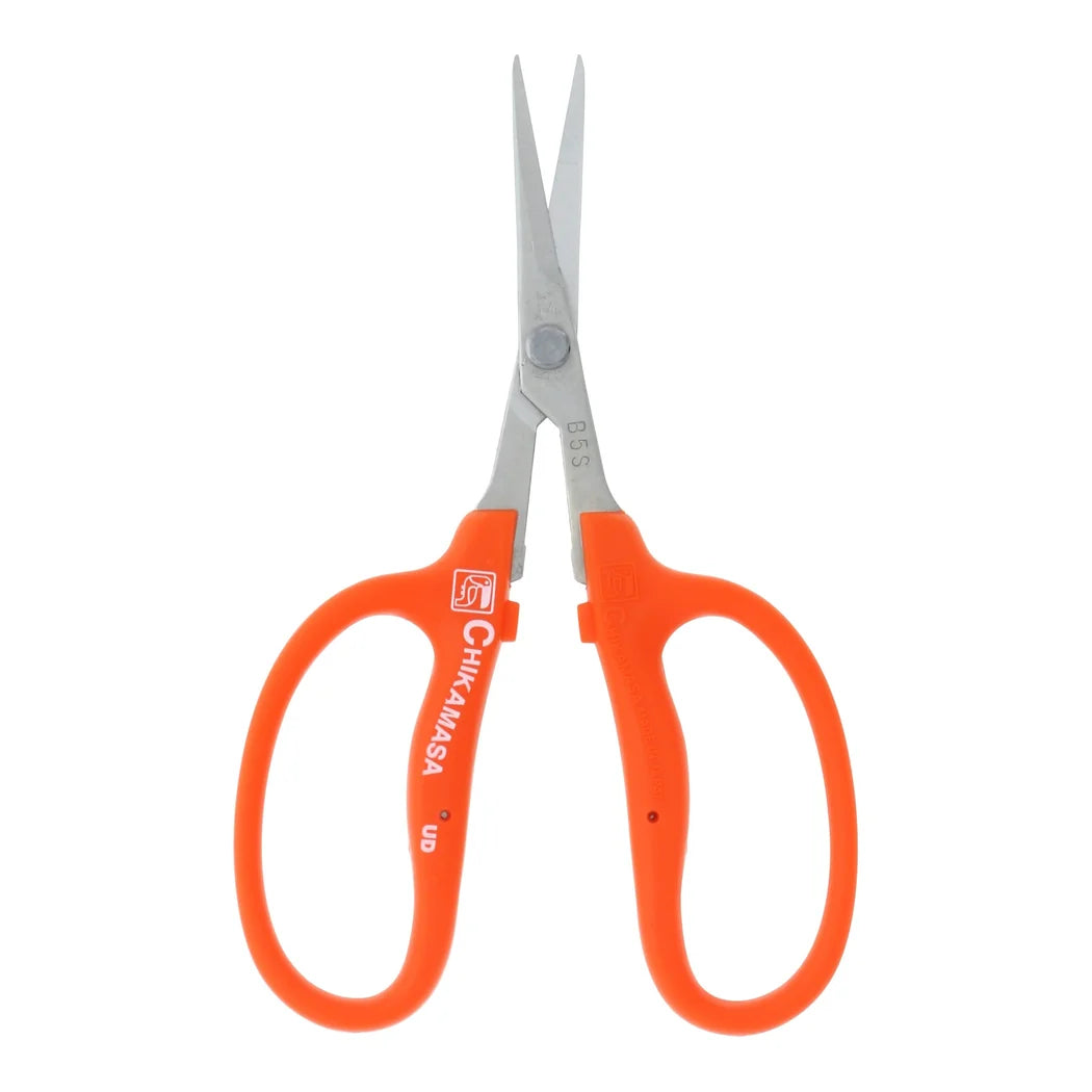 Chikamasa B-500S straight-blade garden scissors with uncoated Japanese stainless blade and orange grip