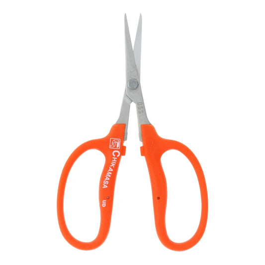 Chikamasa B-500S straight-blade garden scissors with uncoated Japanese stainless blade and orange grip