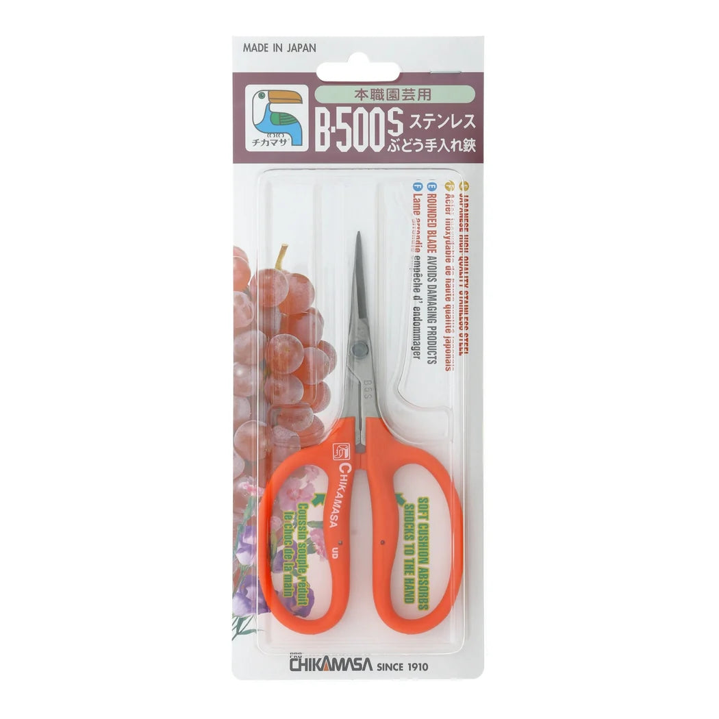 Chikamasa B-500S in its retail blister pack, front view with the straight stainless blade