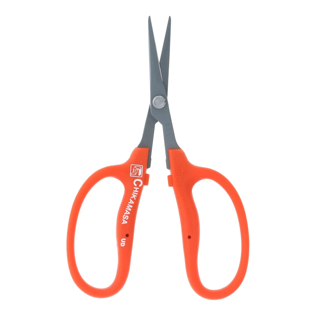 Chikamasa B-500SLF slanted trimming scissors with fluorine-coated stainless blade and orange grip