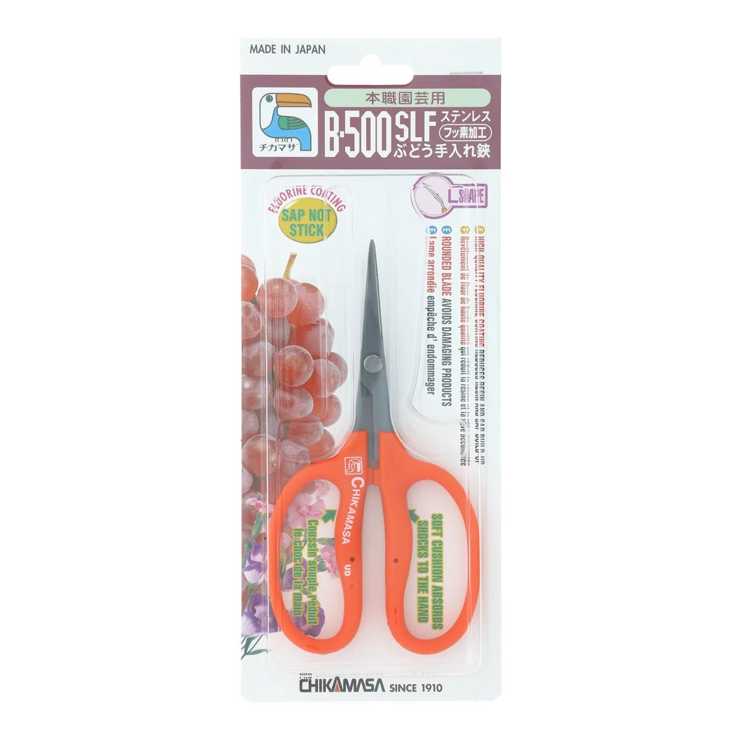 Chikamasa B-500SLF in its retail blister pack, front view with the coated slanted blade