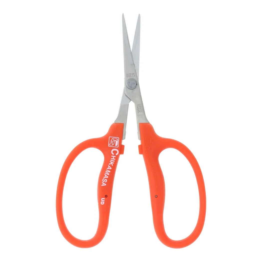 Chikamasa B-500SR curved trimming scissors with orange grip and uncoated stainless steel blade