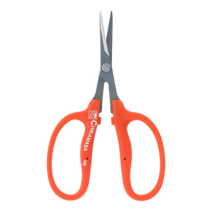 Chikamasa B-500SRF curved trimming scissors with orange grip and fluorine-coated stainless blade