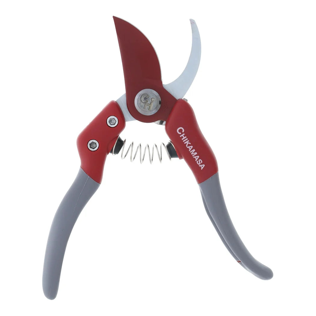 Chikamasa PS-8PLUS-R bypass pruning shears with fluorine-coated carbon steel blade and red and grey handles
