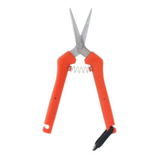 Chikamasa TP-500S spring-loaded trimming scissors with straight stainless blade and orange grips