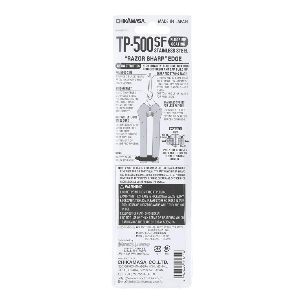 Back of the Chikamasa TP-500SF pack listing stainless fluorine blade, 35 mm blade and 155 mm length