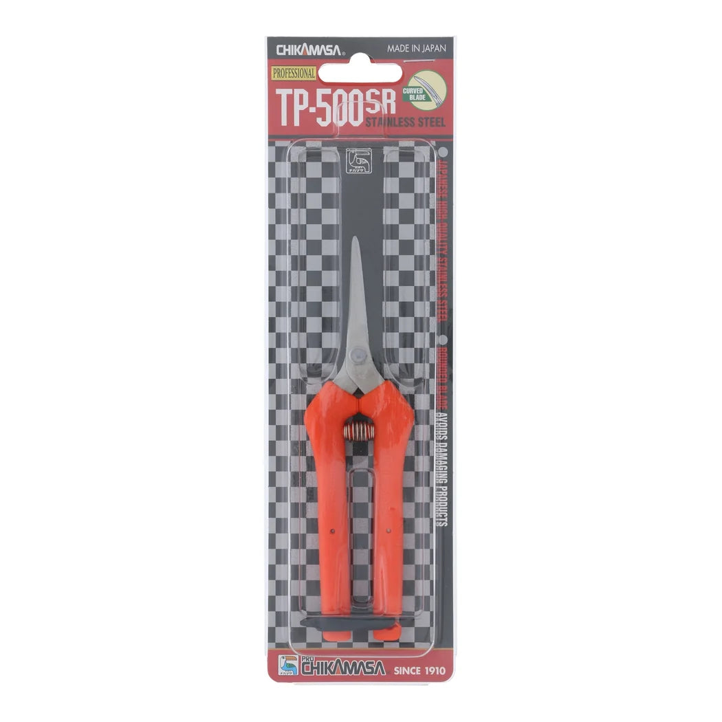 Chikamasa TP-500SR in its retail blister pack, front view with the curved stainless blade
