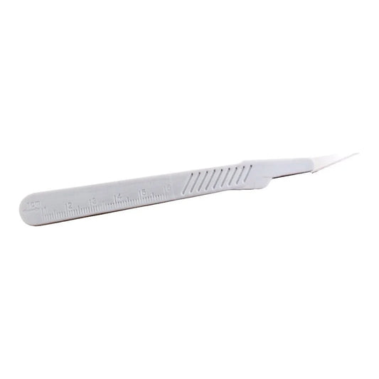 Super Sprouter sterile disposable scalpel, single white plastic handle with centimetre scale and carbon steel blade