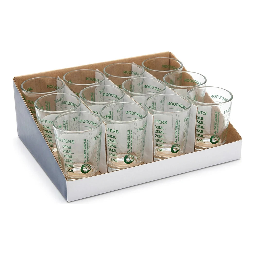 [DLW-GMC] DL Wholesale Xacto Shot 1 oz glasses with ml and teaspoon scales in display tray