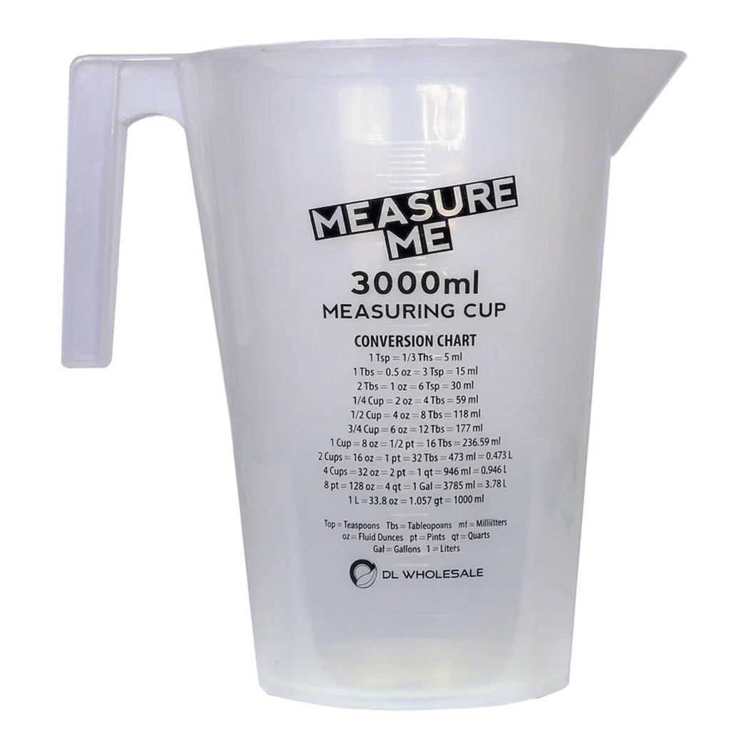 [DLW-GMC] Gro1 Measure Me 3000ml measuring cup front view with conversion chart