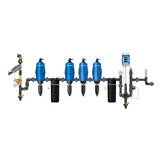 Dosatron NDS 3/4 inch starter kit shown in a full system layout with injectors and filters