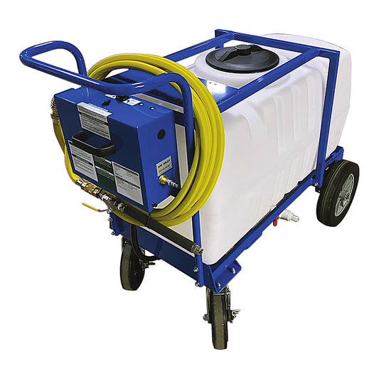 Dramm FM50 air powered foamer, 50 gallon white tank on blue vinyl-dipped cart with yellow hose and solid rubber wheels