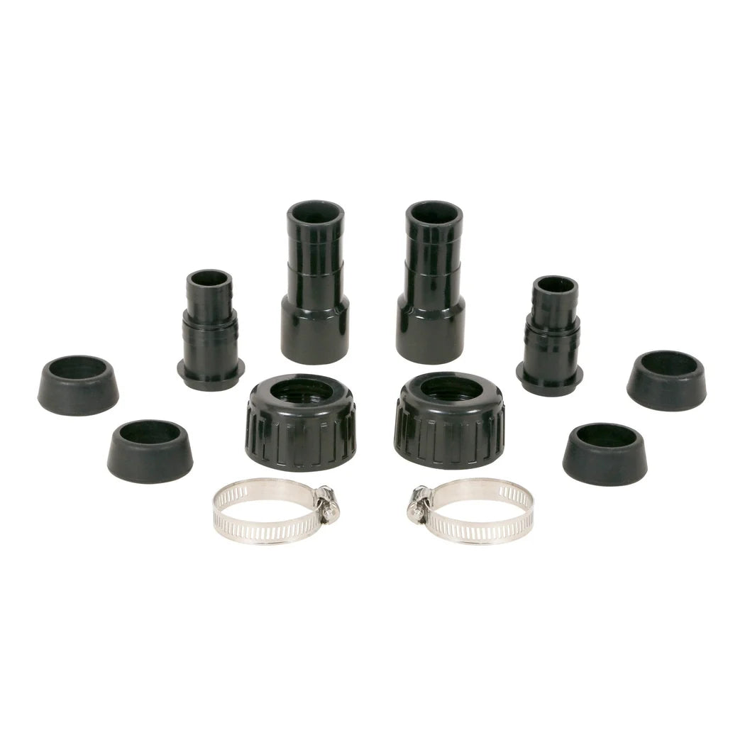 EcoPlus commercial grade chiller fitting kit, 1 inch barbed fittings, threaded nuts, grommets and hose clamps