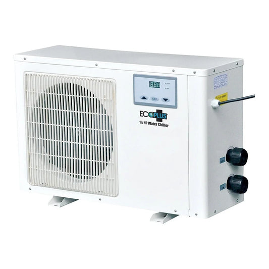 EcoPlus commercial grade 1-1/2 HP water chiller, white horizontal cabinet with fan grille and digital display