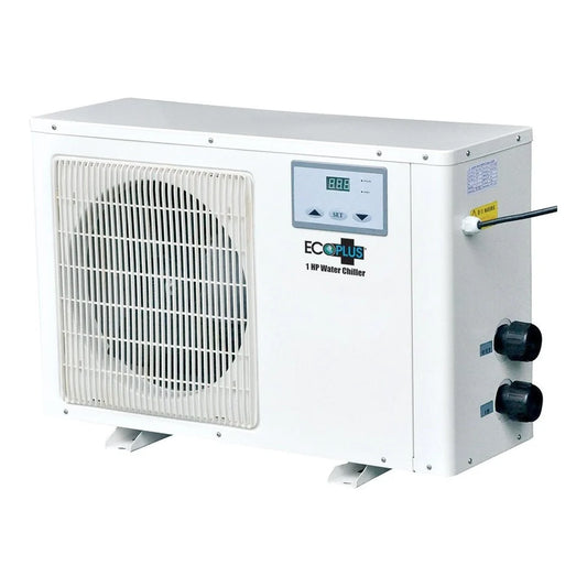 EcoPlus commercial grade 1 HP water chiller, white horizontal cabinet with fan grille and digital display