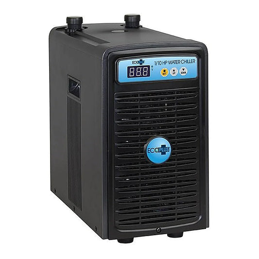 EcoPlus 1/10 HP water chiller, black cabinet with blue digital control panel