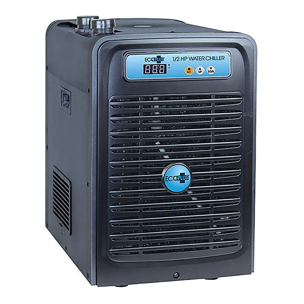EcoPlus 1/2 HP water chiller, black cabinet with blue digital control panel
