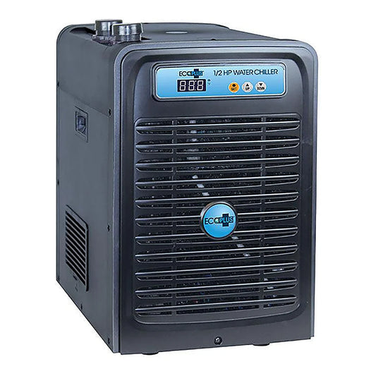 EcoPlus 1/2 HP water chiller, black cabinet with blue digital control panel