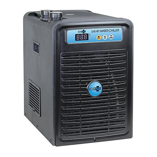 EcoPlus 1/4 HP water chiller, black cabinet with blue digital control panel