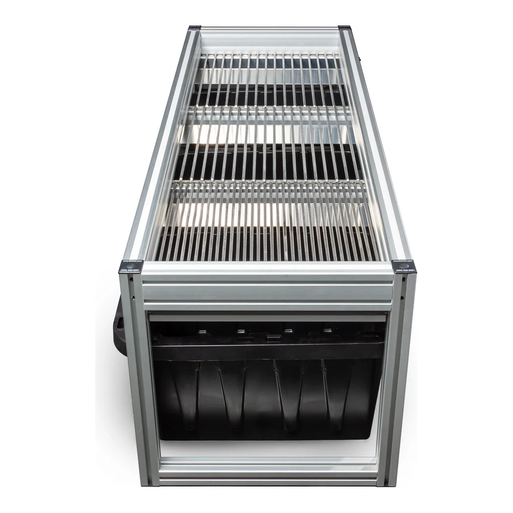EZ Trim Bud Sorter Mini with stainless steel grates and black collection bins, side view