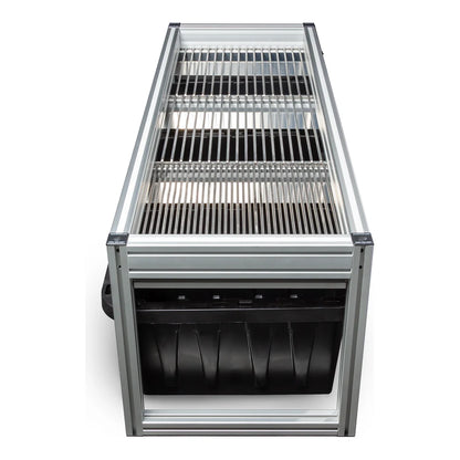 EZ Trim Bud Sorter Mini with stainless steel grates and black collection bins, side view