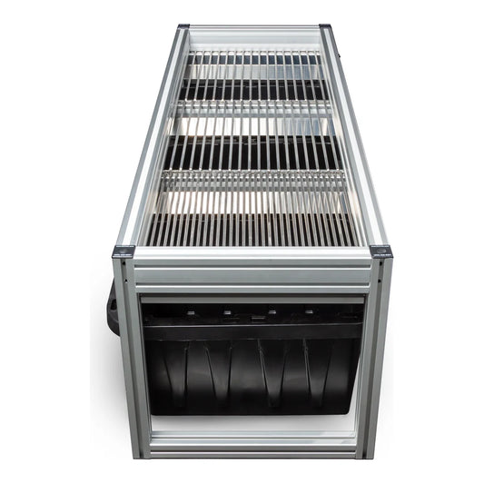 EZ Trim Bud Sorter Mini with stainless steel grates and black collection bins, side view