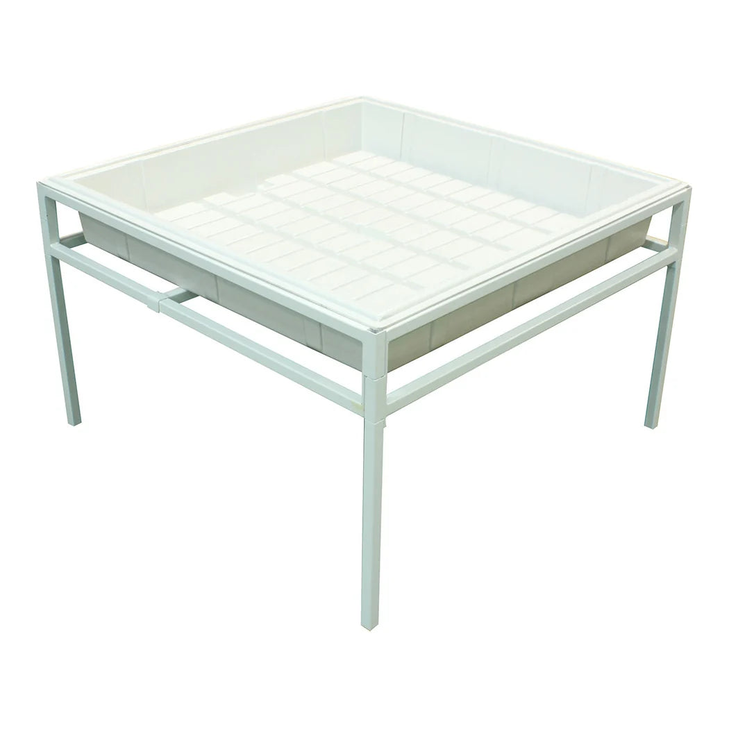 Fast Fit 3 ft by 3 ft white steel tray stand with grow tray fitted
