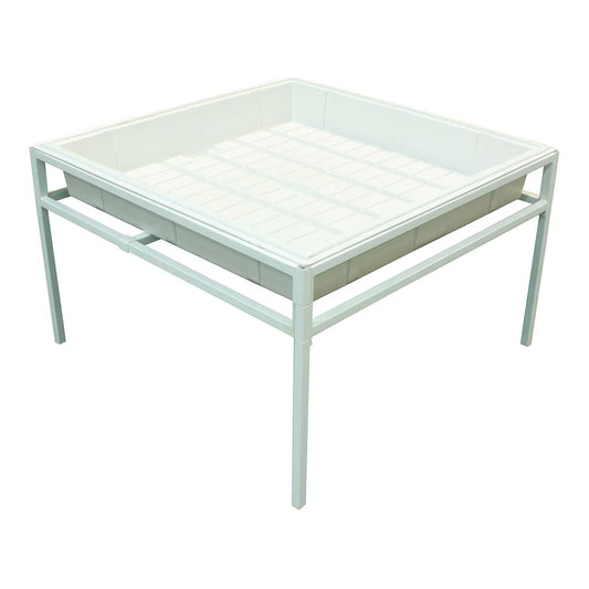 Fast Fit 3 ft by 3 ft white steel tray stand with grow tray fitted