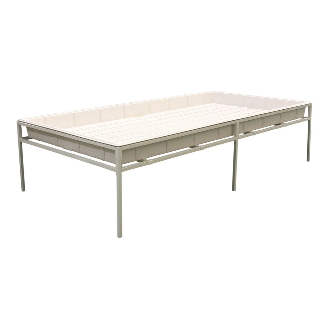 Fast Fit 4 ft by 8 ft white steel tray stand with grow tray fitted