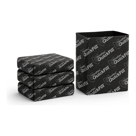 FloraFlex 1 Gal QuickFill O2 compressed coco bags next to an expanded black mesh bag