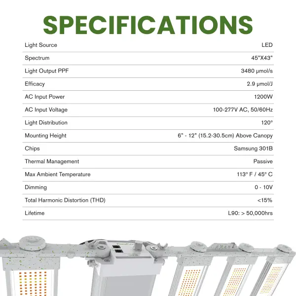 FloraFlex DLC 1200W 6-BAR LED | 120V Specifications