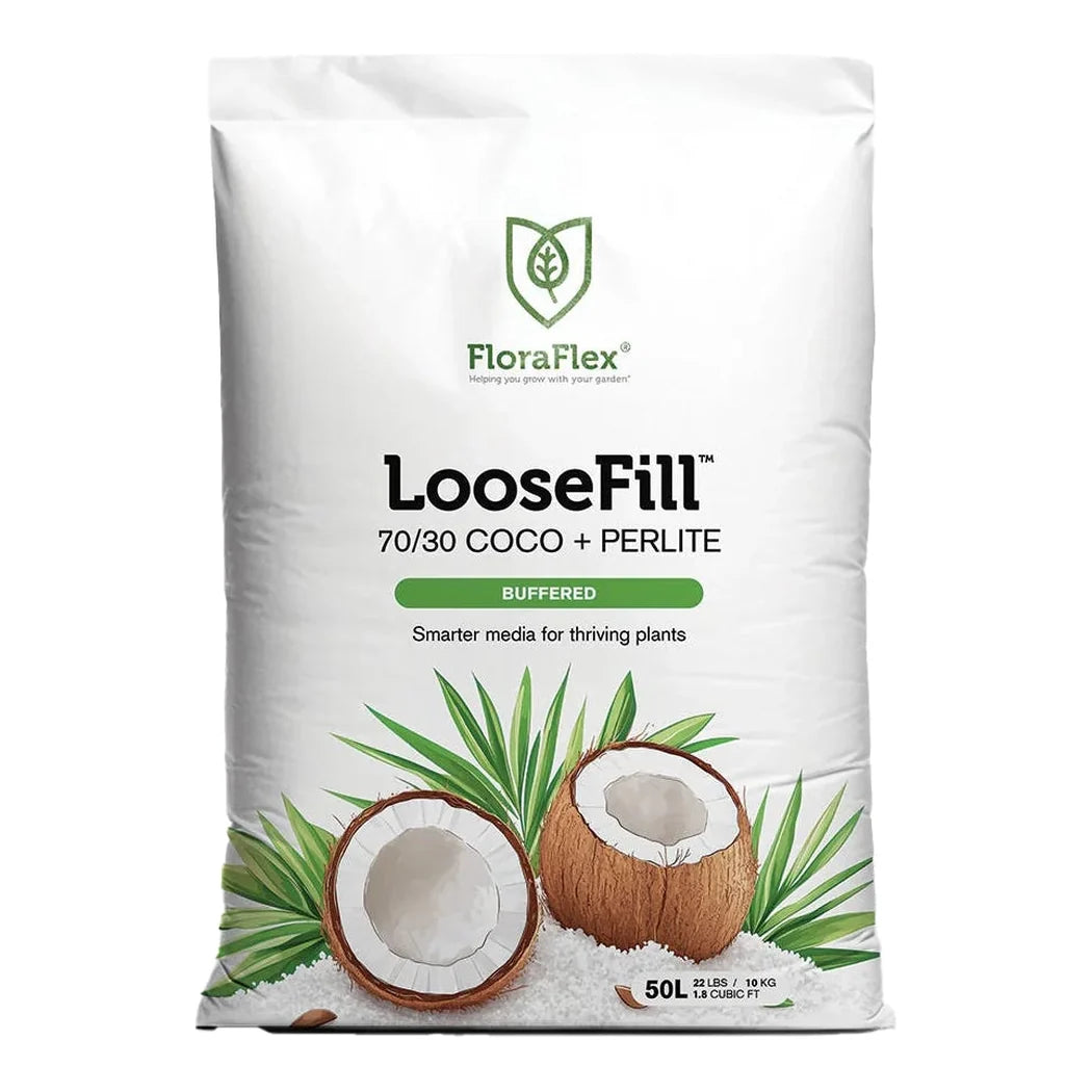 FloraFlex LooseFill 70/30 coco and perlite, 50 litre bags stacked on a pallet