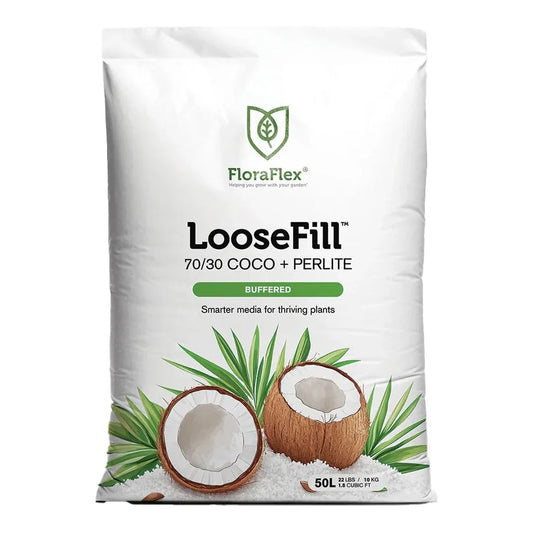 FloraFlex LooseFill 70/30 coco and perlite, 50 litre bags stacked on a pallet