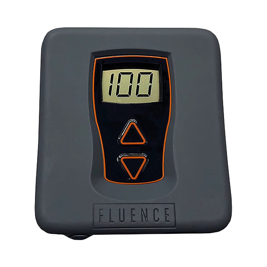 Fluence LED dimmer controller with digital display reading 100, up and down intensity buttons