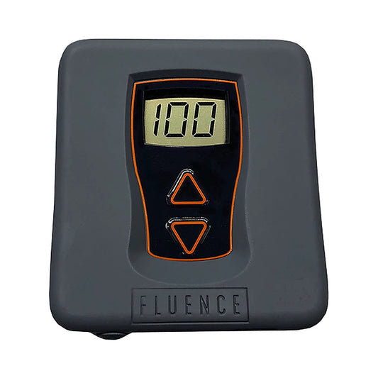 Fluence LED dimmer controller with digital display reading 100, up and down intensity buttons